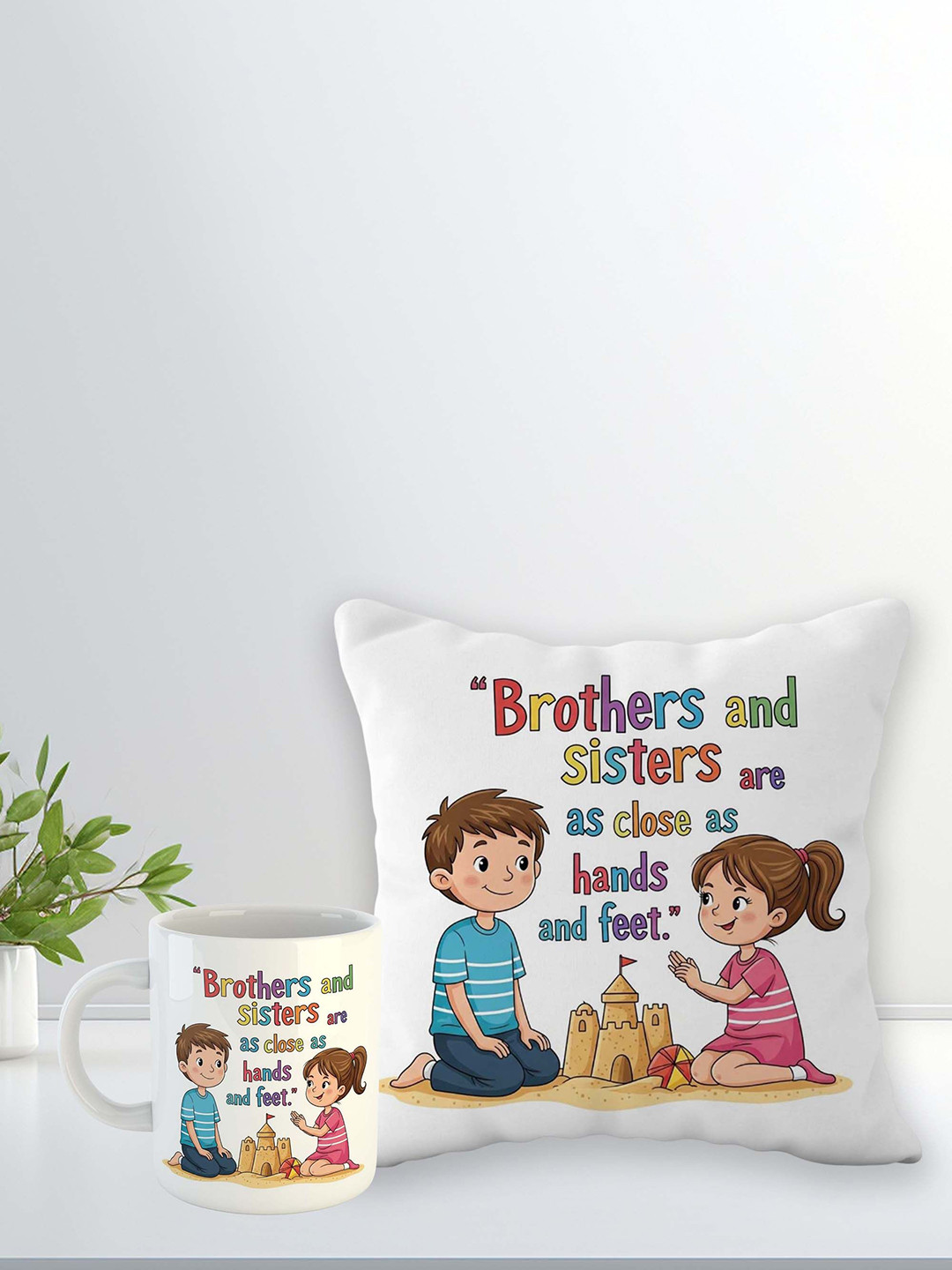 ARTBUG Stones-Studded & Beaded Rakhi With Roli Rice & Mug Cushion