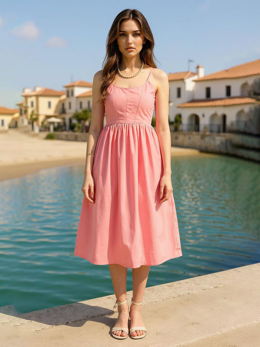 ZUMMER Shoulder Straps Smocked Pure Cotton Corset Midi Dress