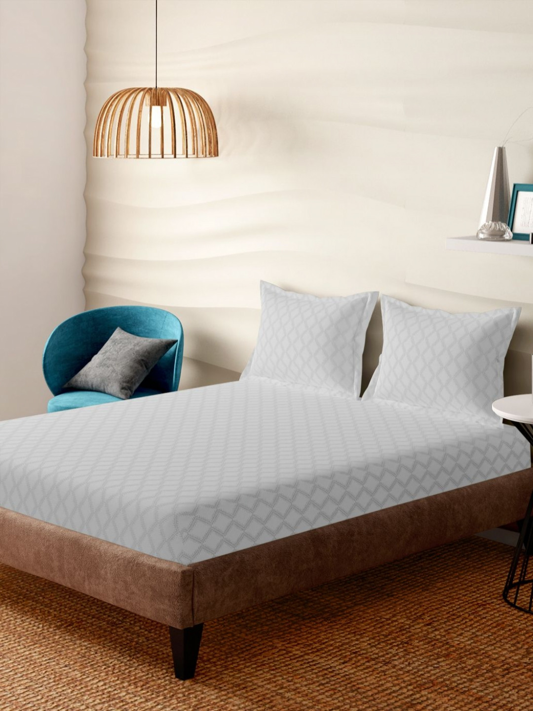 Portico Snow Veil White & Grey Geometric Printed Cotton 152 TC Bedsheet Set 2.74m x 2.74m