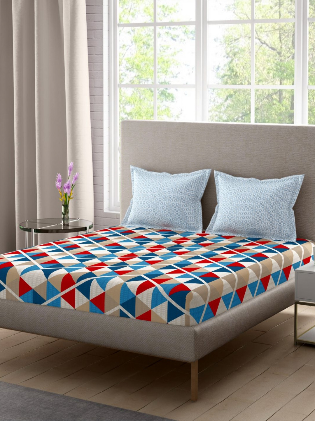 Portico Celestia White & Blue Geometric Cotton 144TC Double Queen Bedsheet Set-2.24mx2.74m