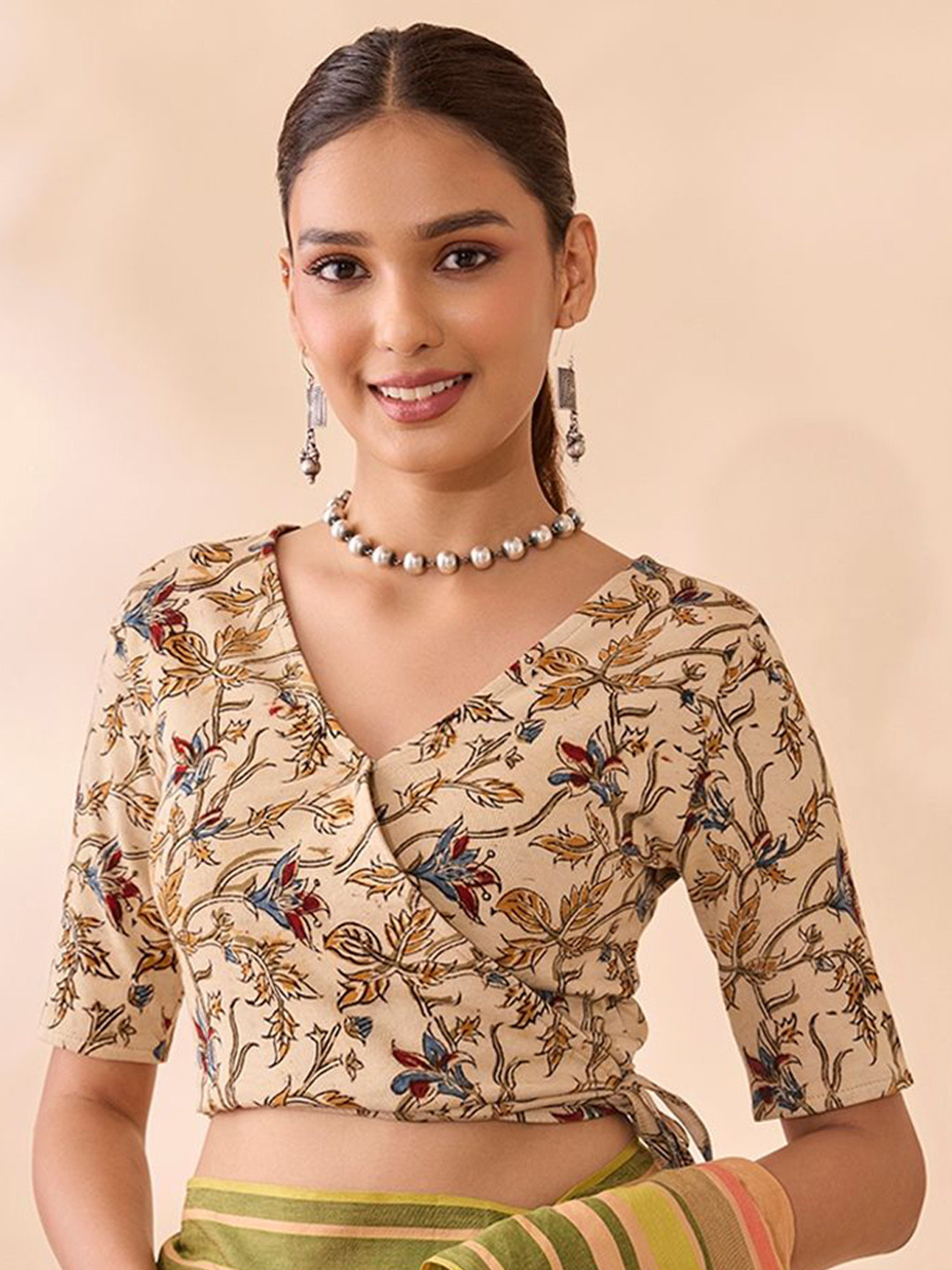 Taneira Kalamkari Printed Pure Cotton Readymade SareeBlouse
