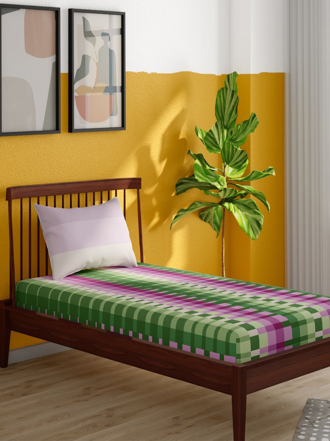 Portico Pixelpop Green & Purple Printed Cotton 152 TC Single Bedsheet Set 2.24 m x 1.5 m