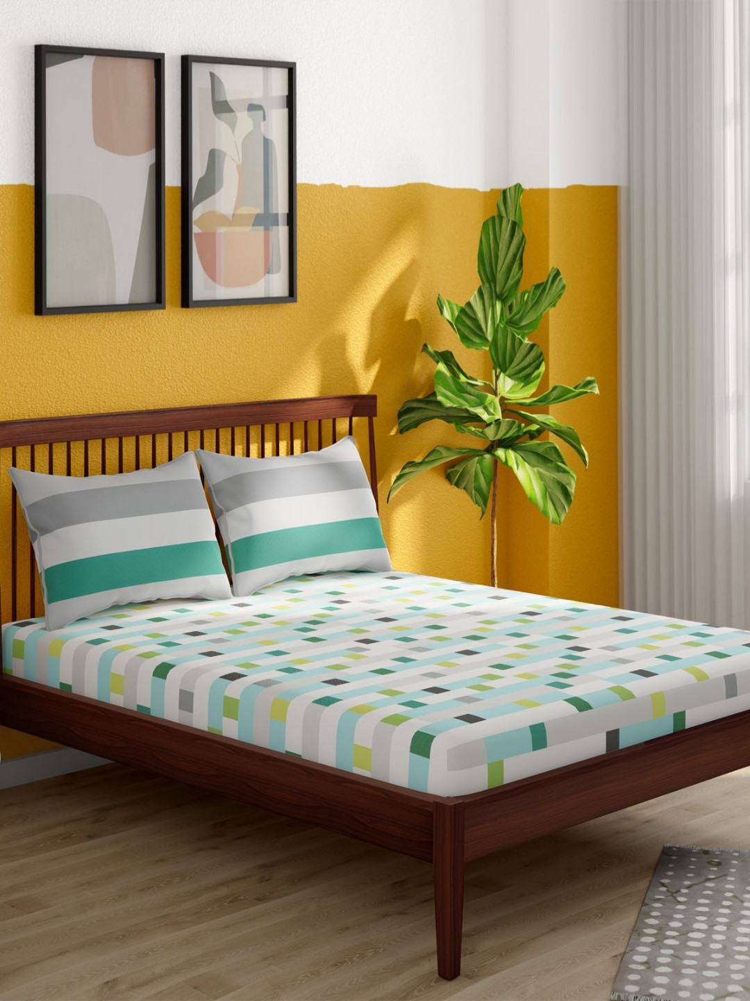 Portico Pixelpop White Geometric Printed Cotton 152 TC King Bedsheet Set 2.24m x 2.74m