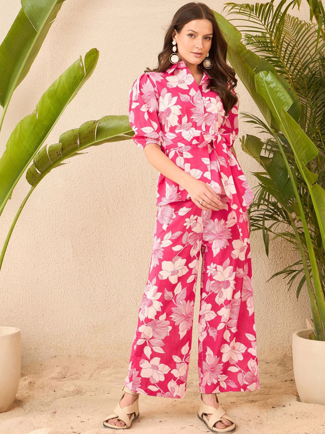 IMANA Floral Printed Pure Cotton Shirt Collar Neck Shirt With Wide-Leg Trousers Co-Ords