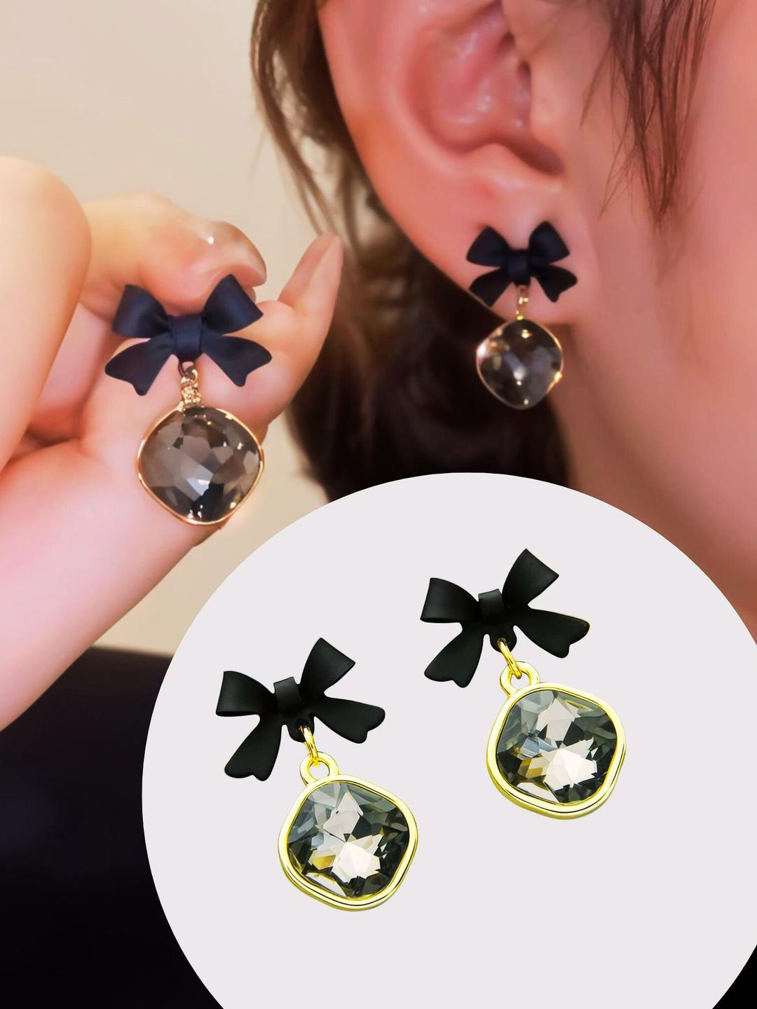 RAPPERSSHOP Bow Shaped Black Rhinestones Studs Earrings