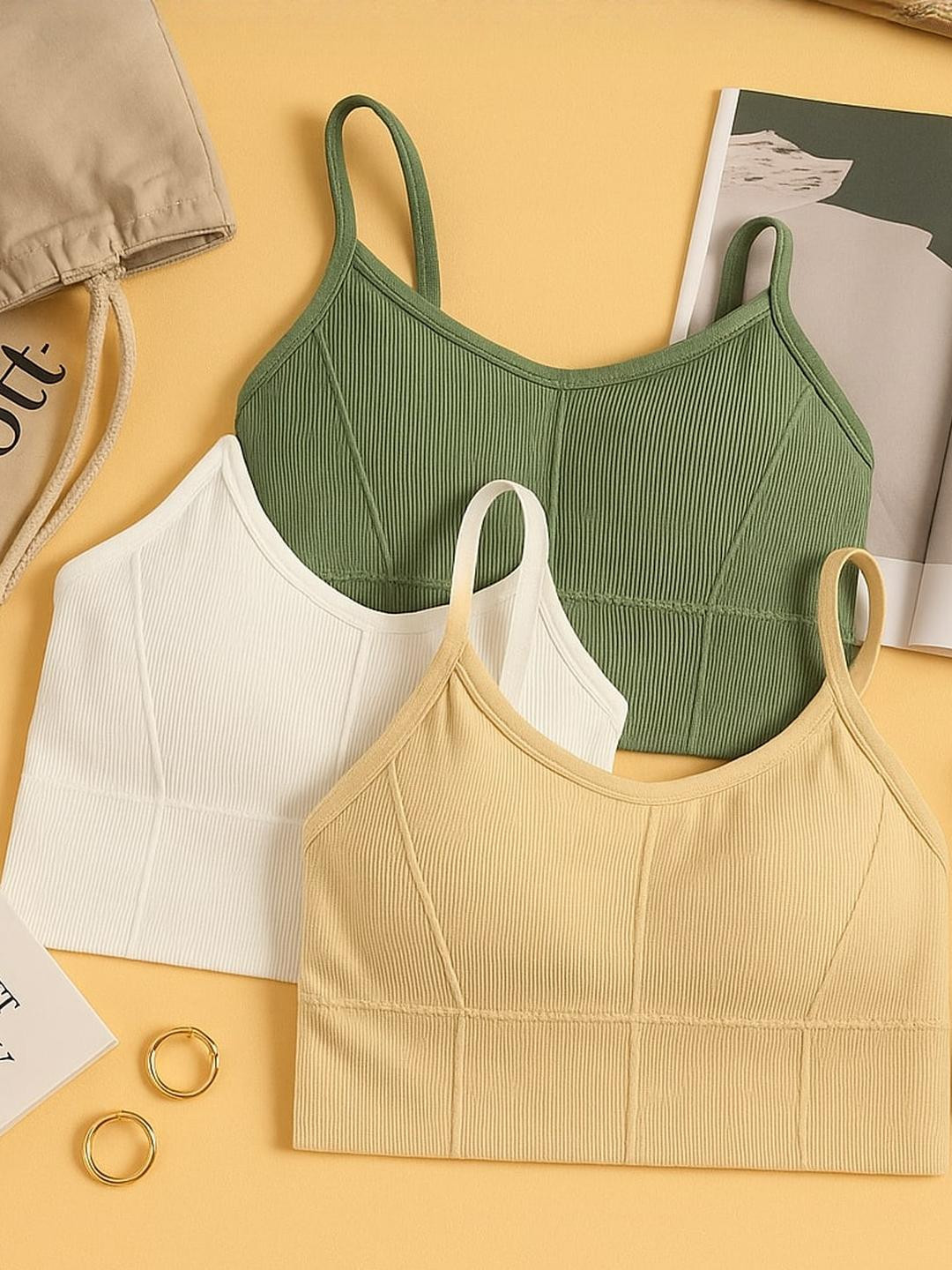 UNDER 1000 Set of 3 Striped Cotton Bralette Crop Top