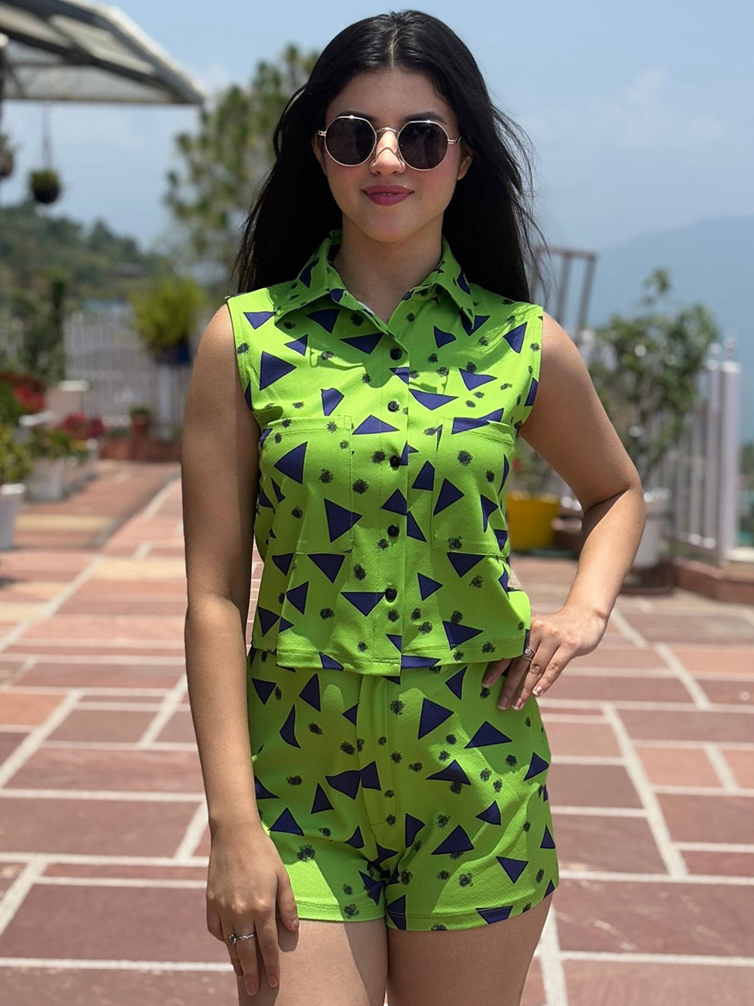 TANDUL Women Neon Green Printed Sleeveless Shirt & Shorts Co-ord Set