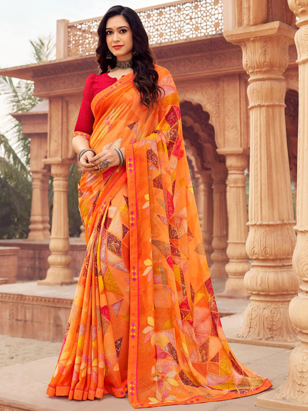 KALINI Ethnic Motifs Printed Embellished Beads and Stones Border Saree