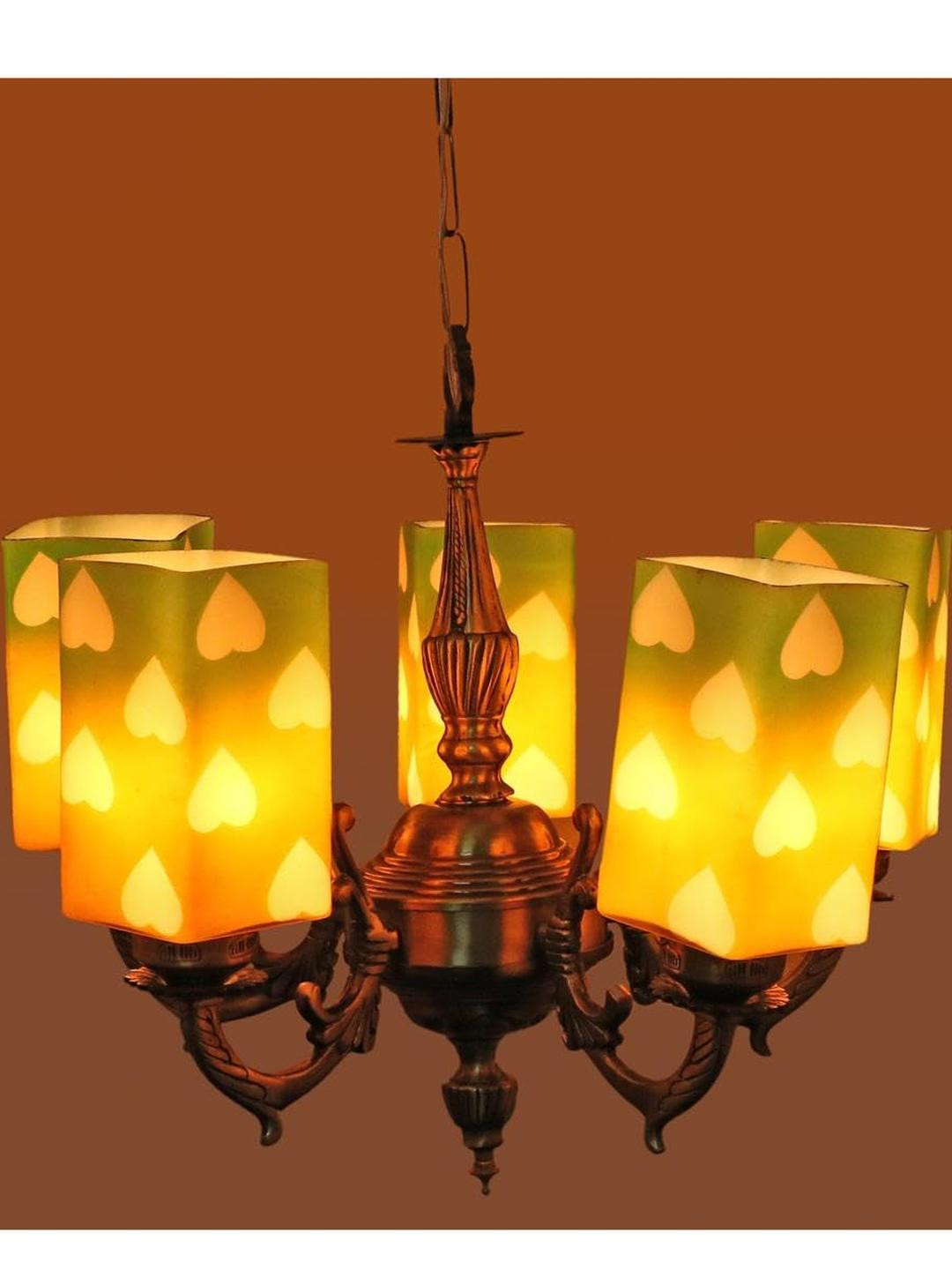 Somil Antique 5-Light Chandelier with Glass Shades, Brown, Green and White Lighting Effect, Metal Fitting. LED Compatible. Dia: 48 X 48 X 100 Cm.