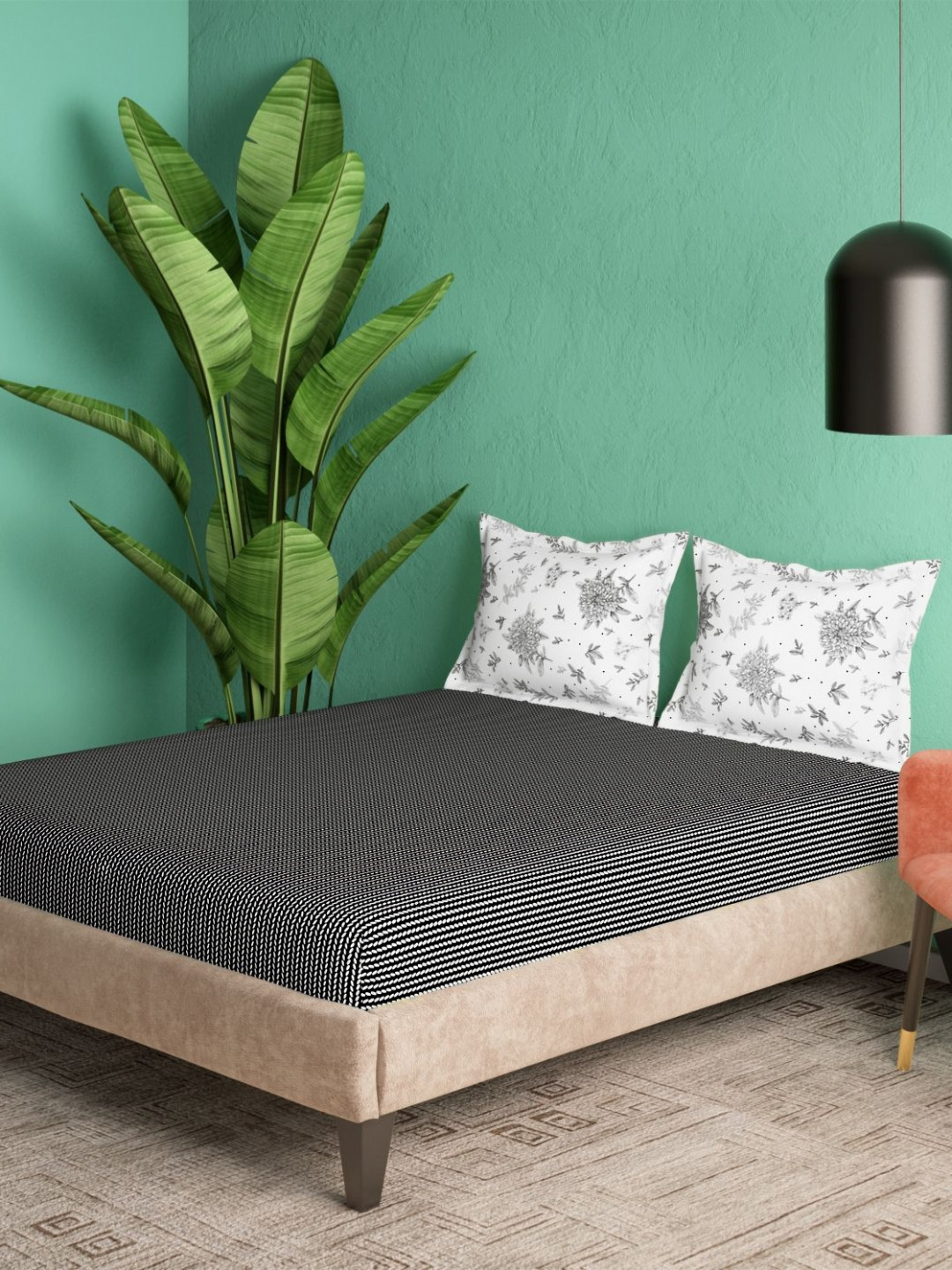 Portico Noir Harmony Black & White Printed Cotton 144 TC Queen Bedsheet Set 2.24 x 2.54 m