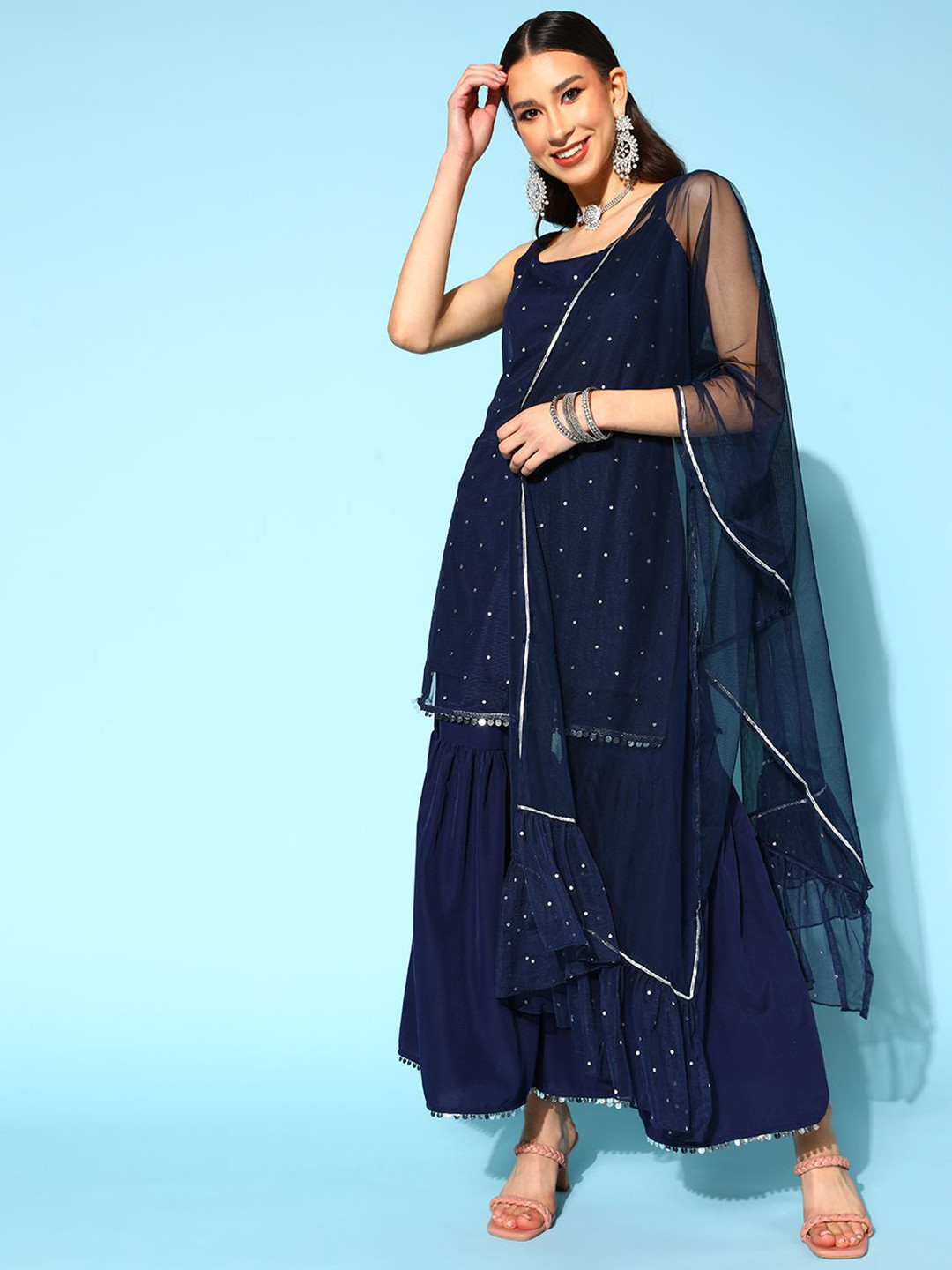 Ahalyaa Embroidered Shoulder Straps Beads & Stones Straight Kurta With Sharara & Dupatta