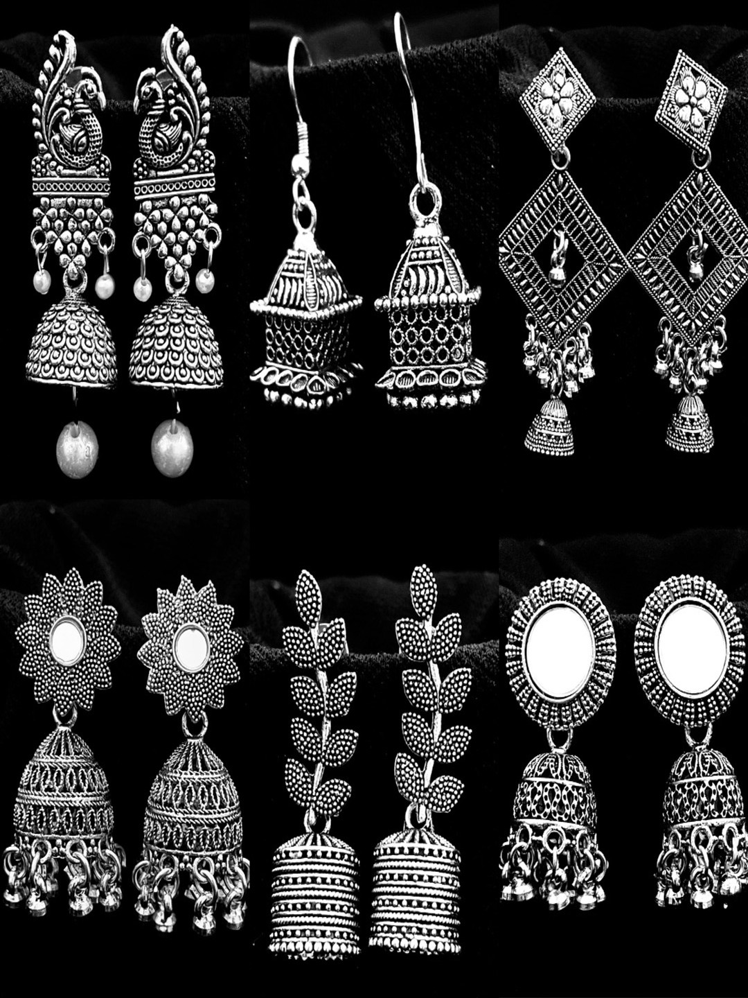 ANNORA INTERNATIONAL Women Silver Pair Of 6 Silver-Plated Floral Jhumka Oxidized Earrings