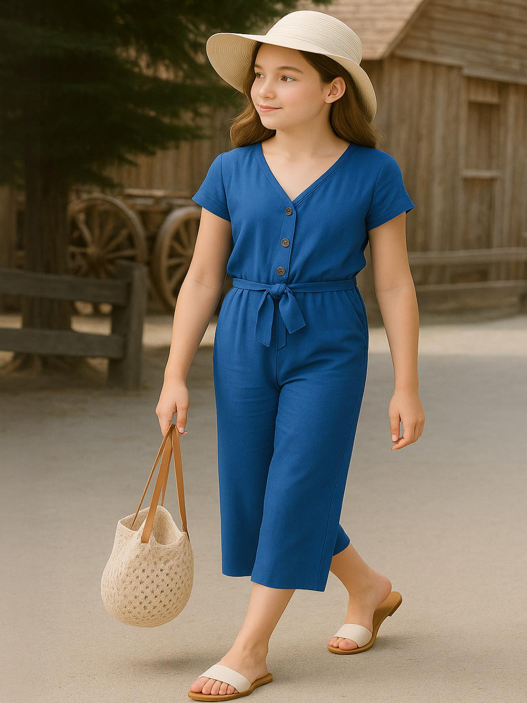 Naida Girls Blue Cotton V-Neck Short Sleeves Solid Causal Trendy Jumpsuit