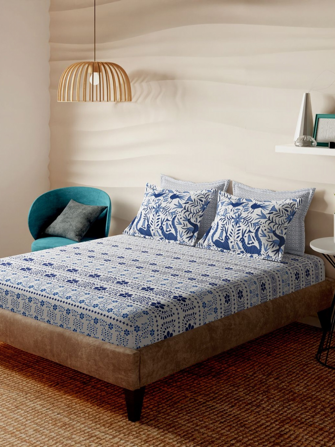Portico Azure Whisper Blue Printed Cotton 152 TC Super King Bedsheet Set 2.74 m x 2.74 m