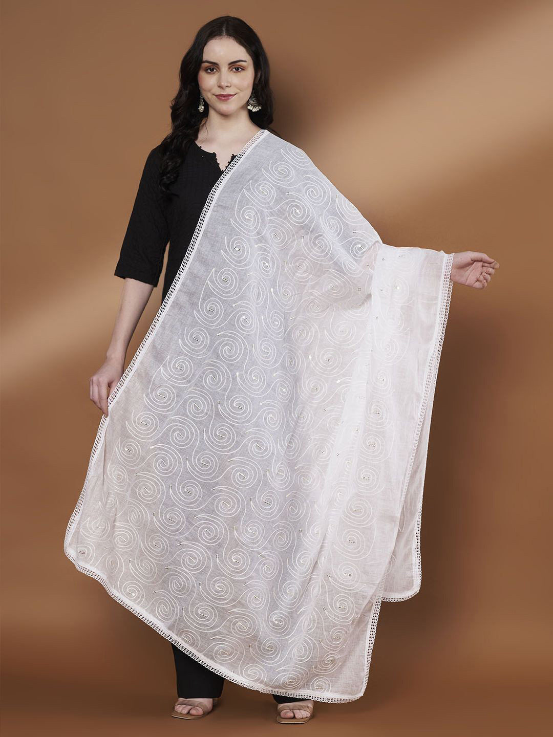 Zamour Floral Embroidered Sequinned Pure Cotton Dupatta