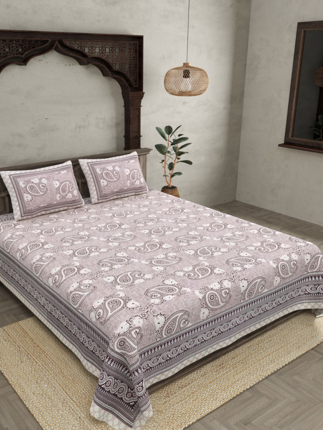 JAIPUR FABRIC White Paisley Printed Cotton 180 TC Double King Bedsheet Set-2.74mx2.28m