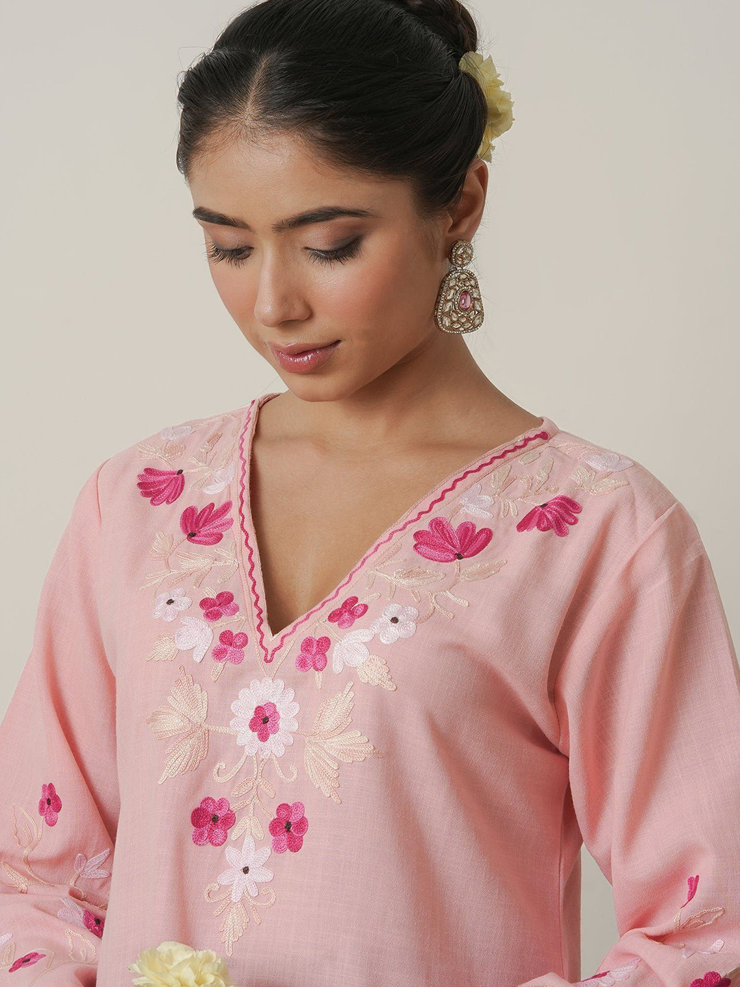HOUSE OF KARI Pink Floral Embroidered Thread Work Pure Cotton Flared Kurta