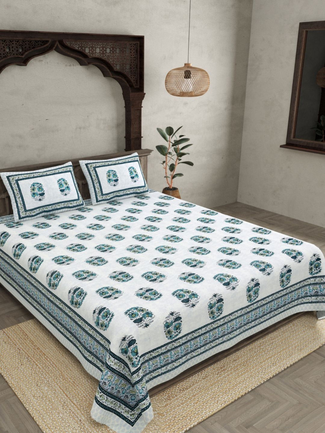 JAIPUR FABRIC Green & Blue Floral 180 TC King Bedsheet with 2 Pillow Covers
