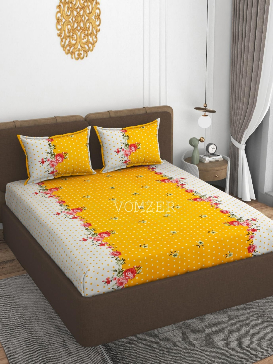 VOMZER Yellow 300 TC  Bedsheet Cotton King Bedsheet Set 2.74 m x 2.74 m