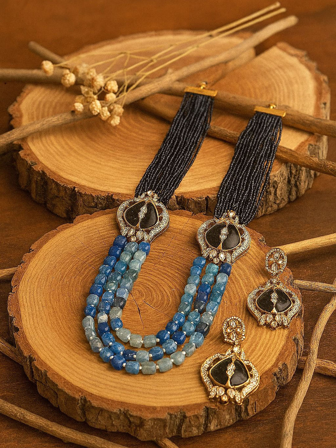 TJC Gold-Plated Monalisa Onyx Gemstone-Studded Jewellery Set