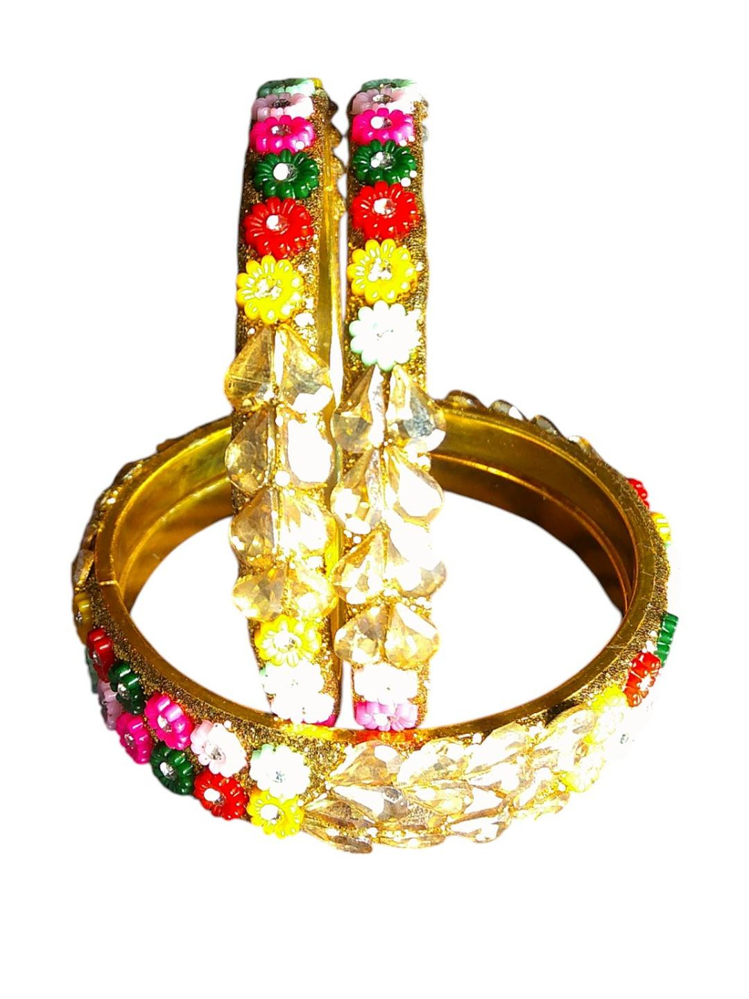 Nari Nakhre Set Of 4 Multicolour Floral Jaipuri Brass Bangle