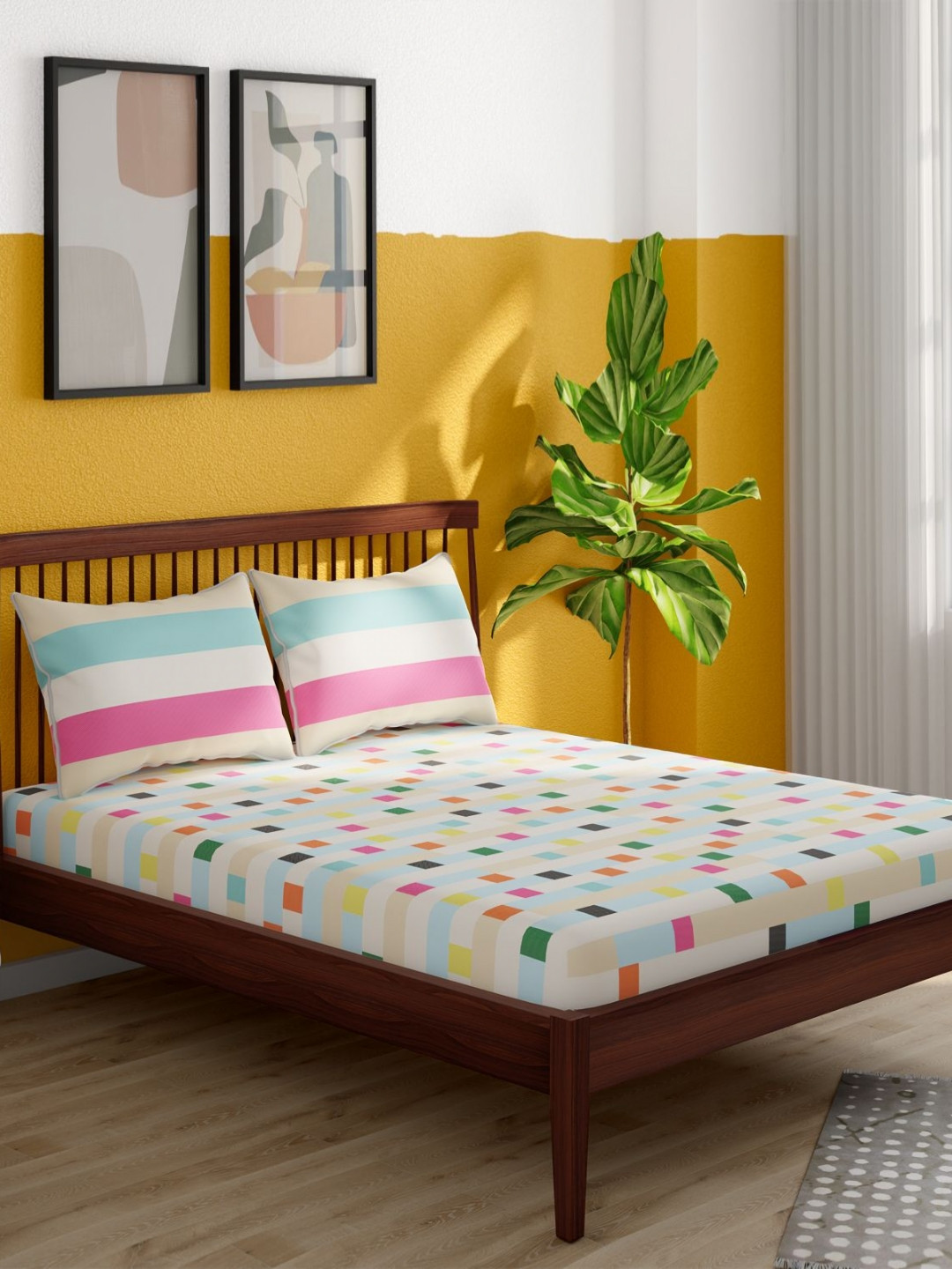 Portico Pixelpop White & Pink Printed Cotton 152 TC King Bedsheet Set 2.24m x 2.74m