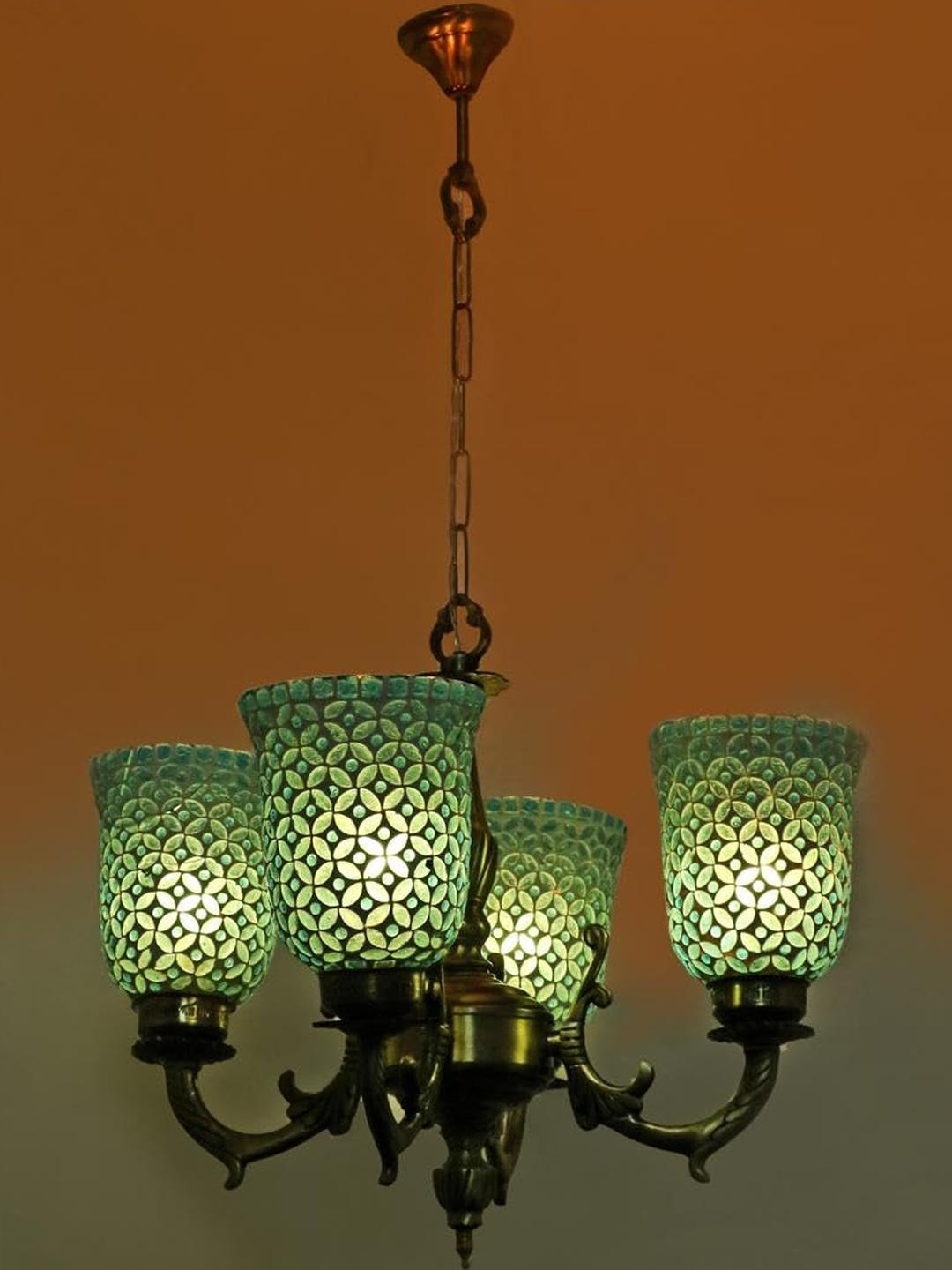 Somil Antique 4-Light Chandelier with Mosaic Glass Shades, FIrozi and White Lighting Effect, Metal Fitting. LED Compatible. Dia: 48 X 48 X 100 Cm.