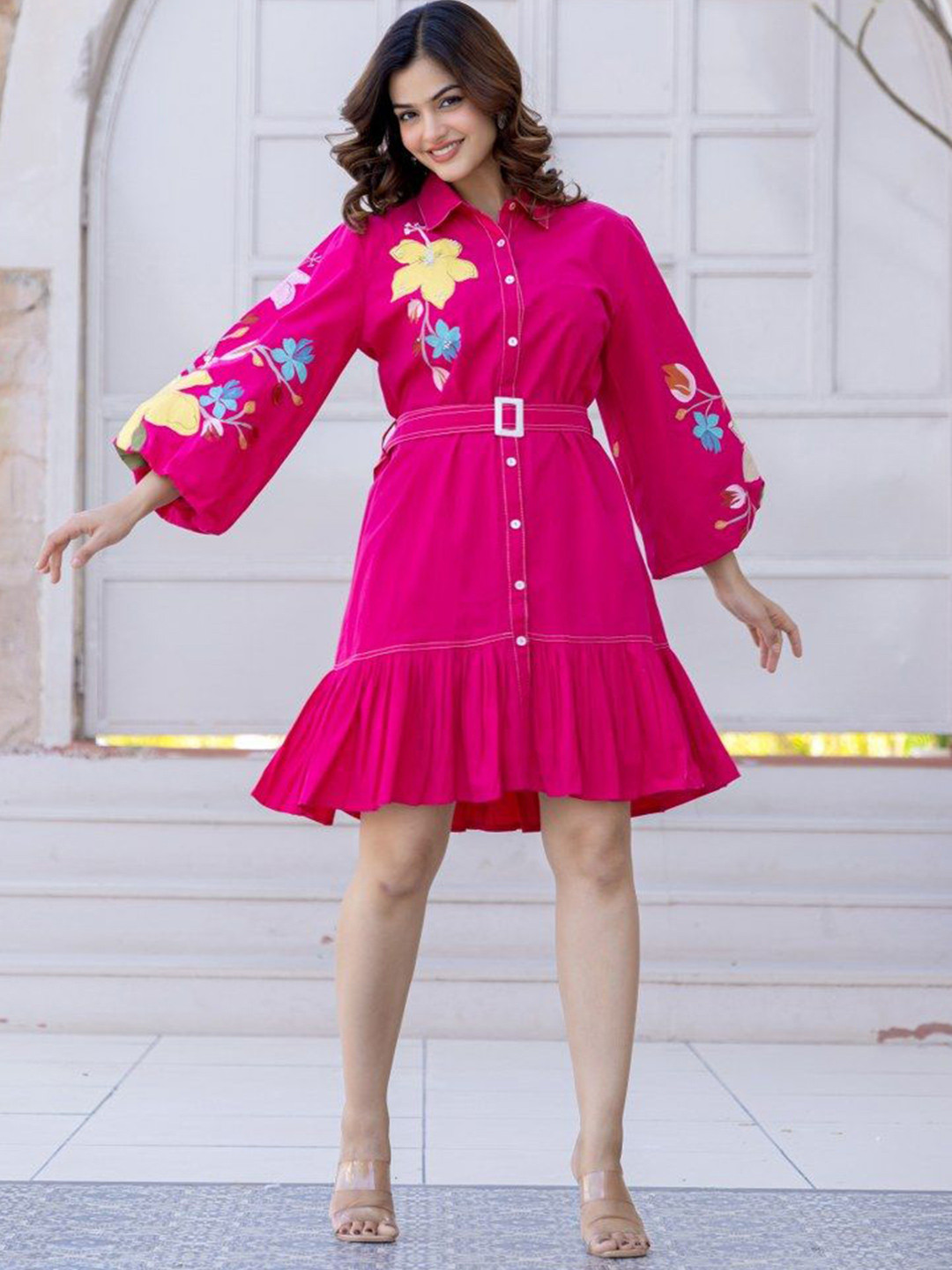 Zolo Label Women Pink Cotton Embroidered Mini Shirt Dress with Collar & 3/4th Sleeves
