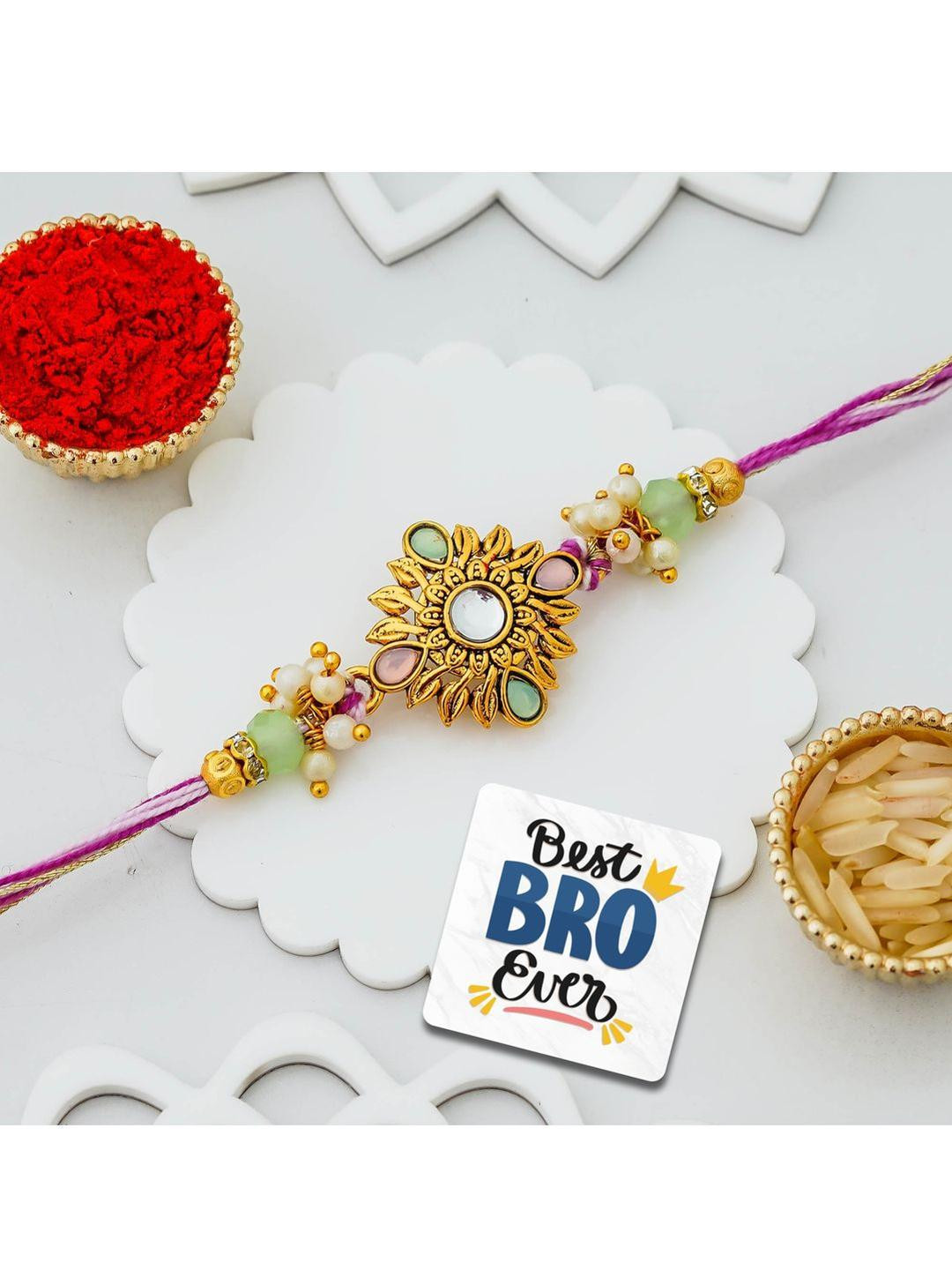 eCraftIndia Stone-Studded & Beaded Rakhi With Roli Rice & Magnet