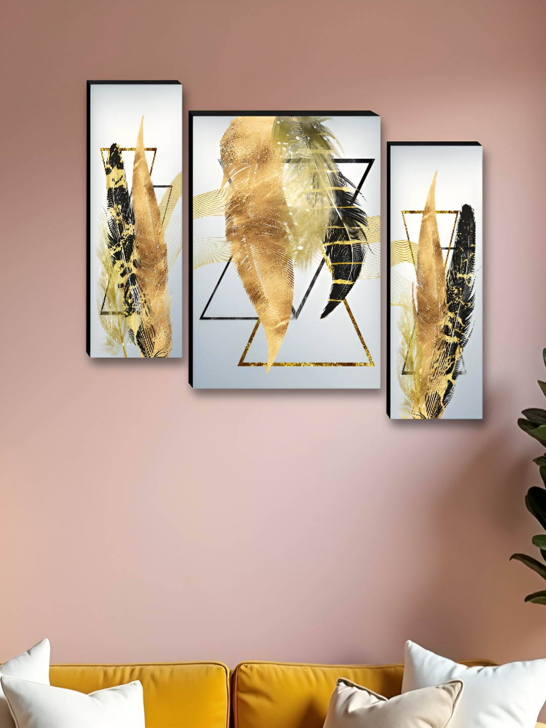 Livin'luxe Set of 3 Luxury Golden Feather Wood Modern Wall Art