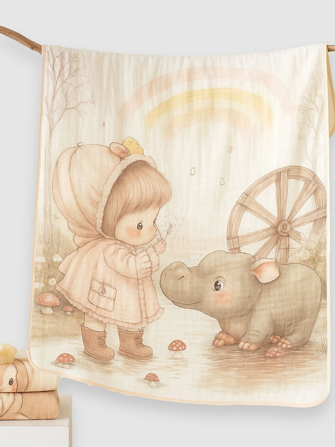 Little Surprise Box LLP Kids White & Black Little Girl & Rhino Printed Cotton Blanket