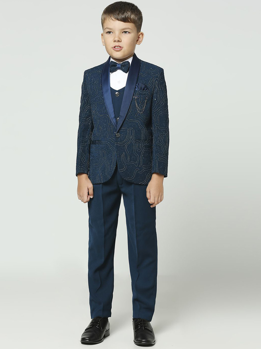 YK Boys Sequin Embroidered Cotton Tailored-Fit Full Sleeve Five-Piece Party Suit