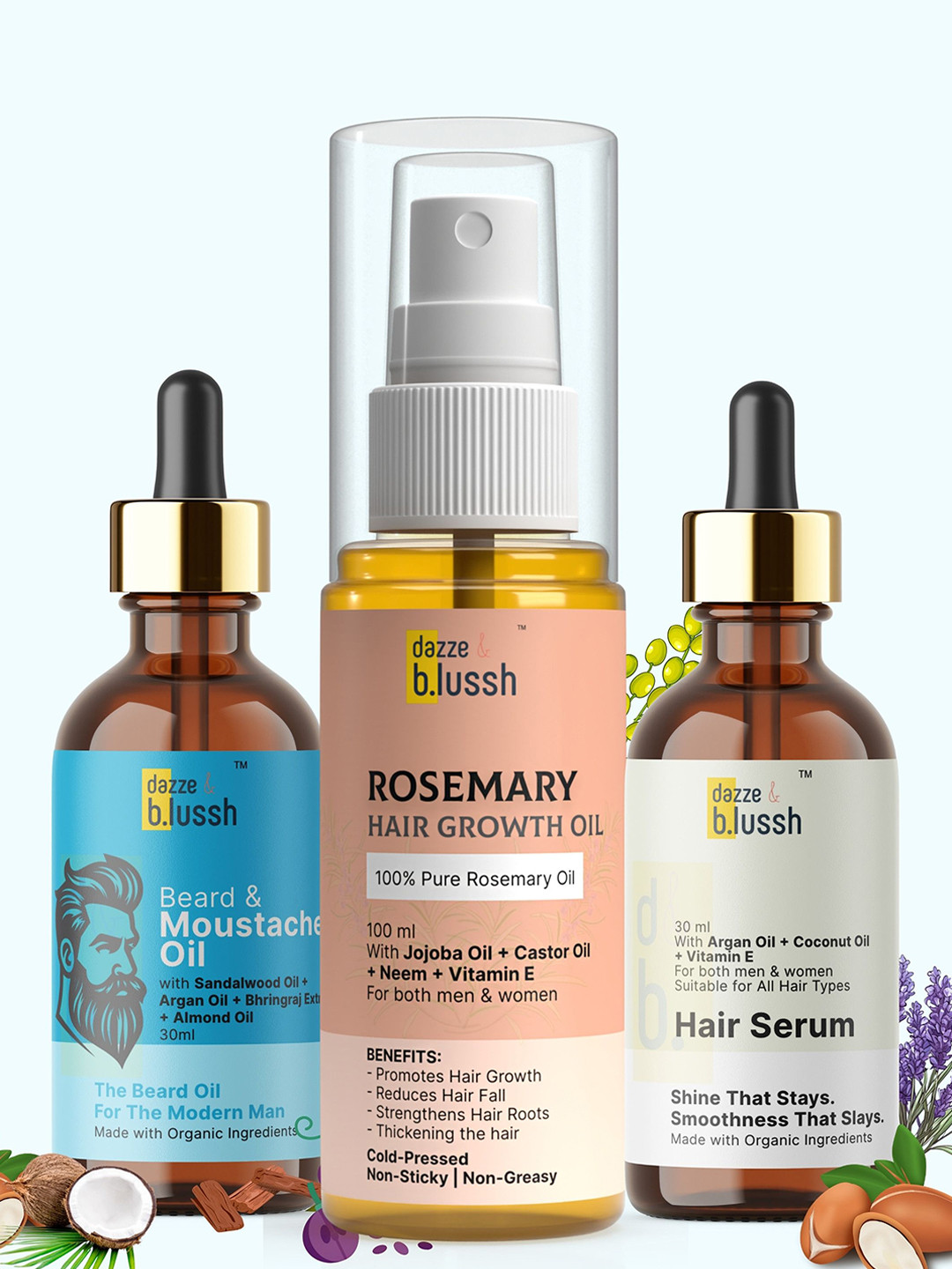 Dazze and blussh Set Of 3 Rosemary Hair Oil, Hair Serum & Beard & Moustache Oil