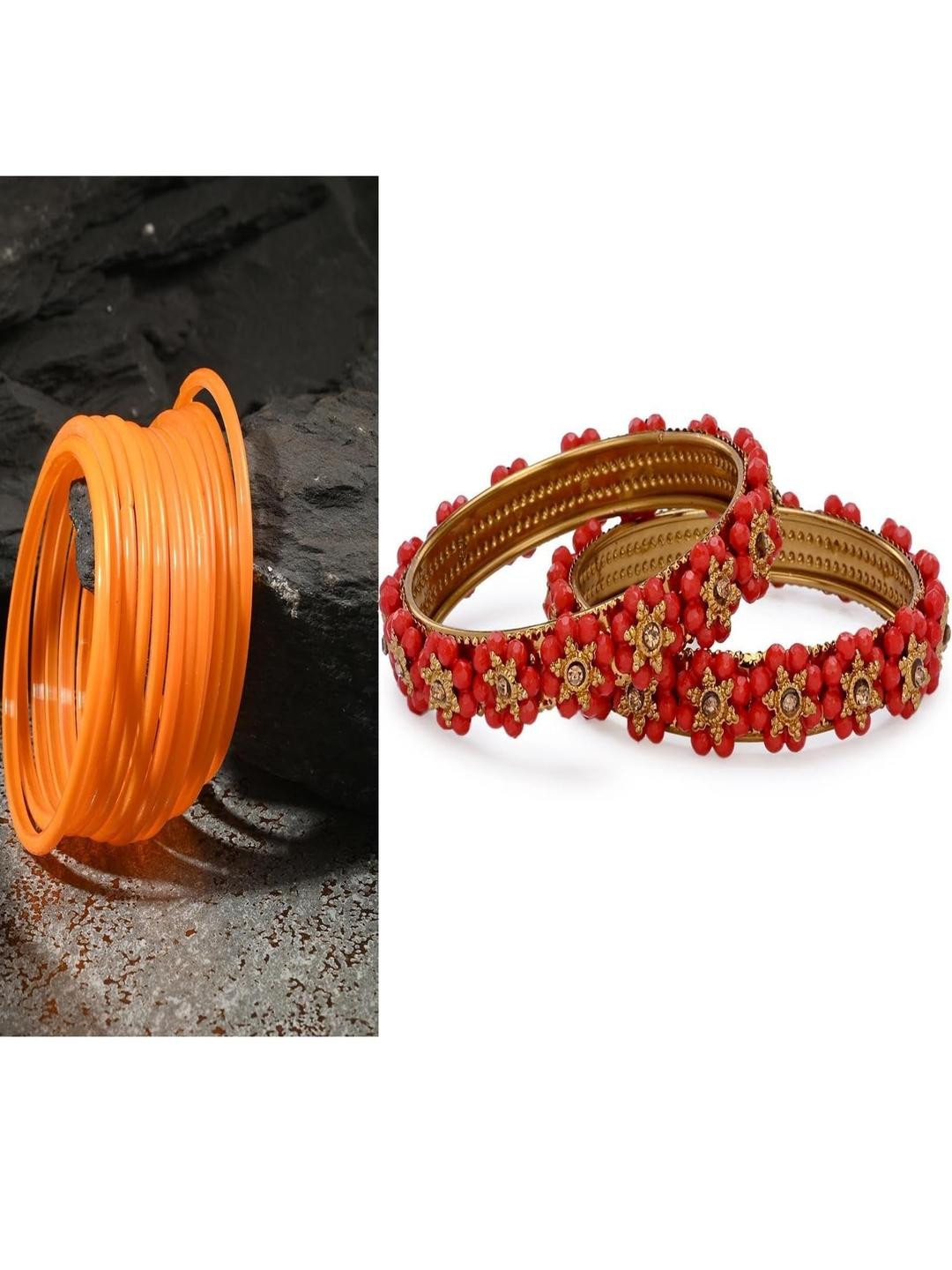SOMIL Set Of 14 Orange Alloy Artificial Stones and Beads Antique Bangles
