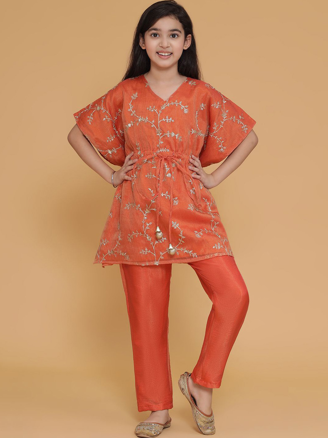 PICCOLO Girls Floral Embroidered V-Neck Tissue Straight Kaftan With Trousers