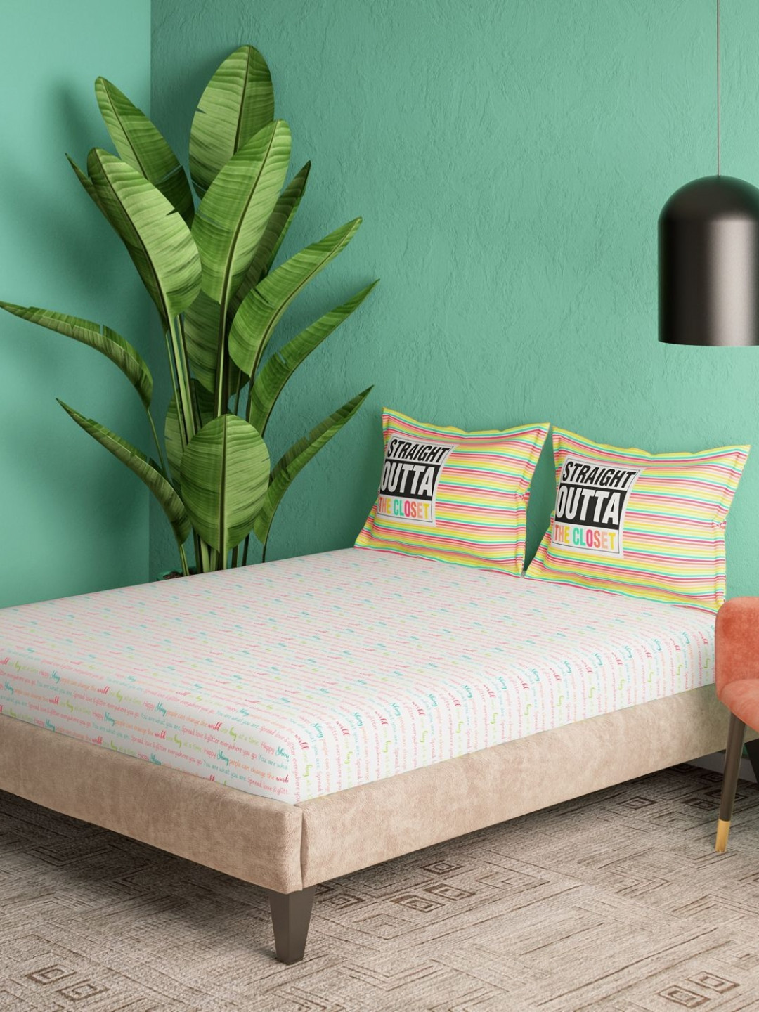 Portico Liberty Threads White Typography Cotton 144 TC Super King Bedsheet Set-2.74mX2.74m