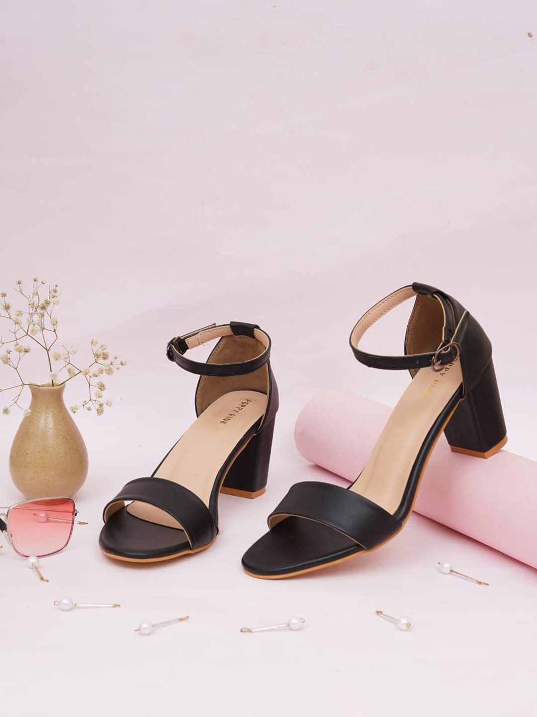 POPPYPINK Women Open Toe Ankle Loop Buckles Block Heeled Sandals