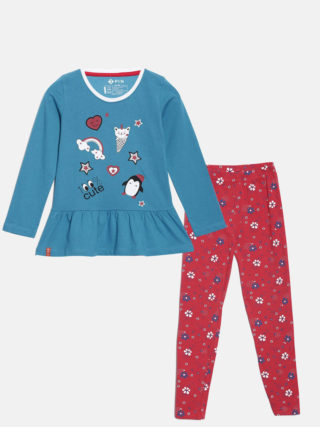 3PIN Girls Printed Round Neck Pure Cotton Tshirt & Leggings