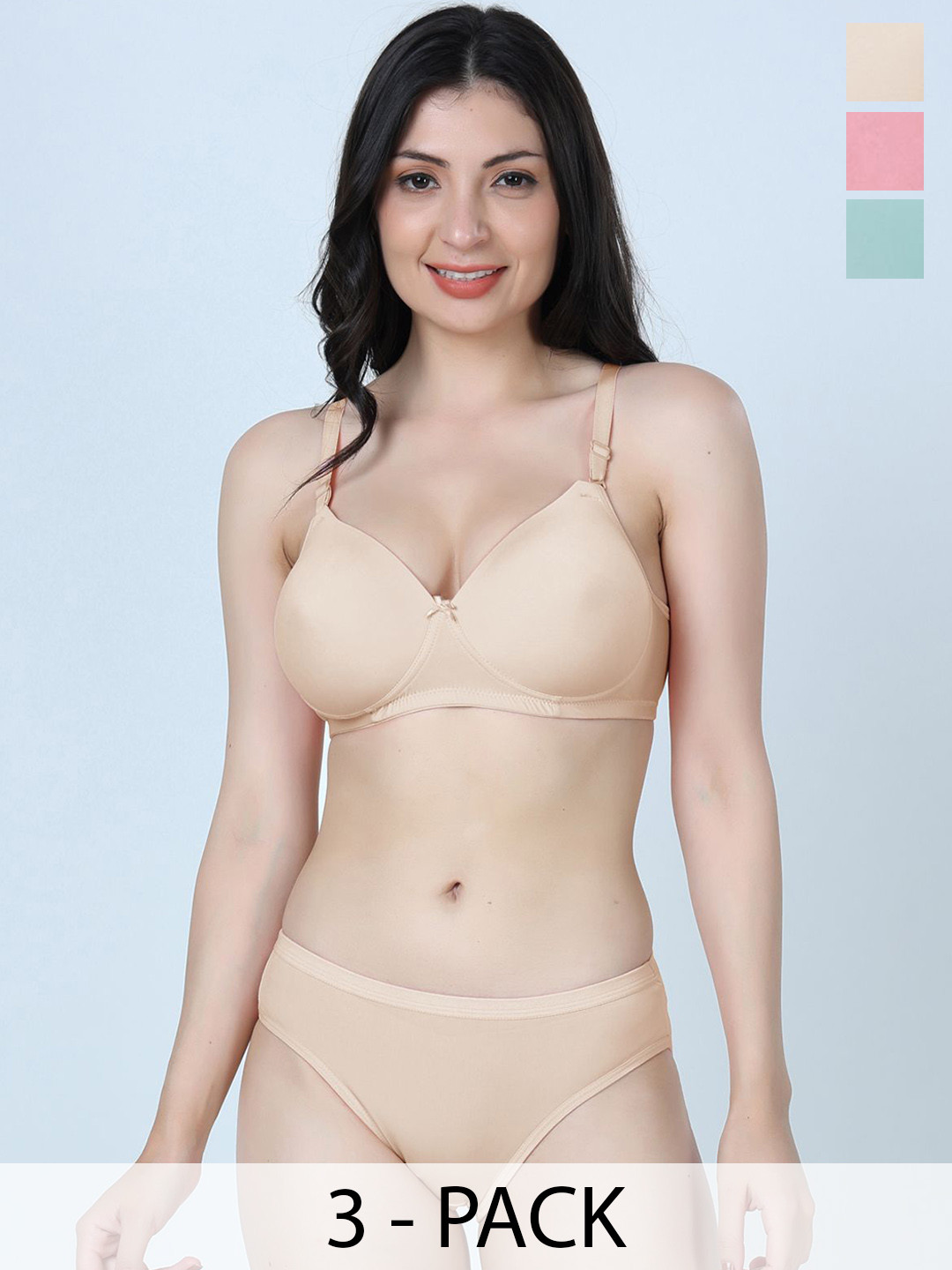 SHYAM SONS FLAIR Pack Of 3 Heavily Padded Lingerie Set 340Set-Onion-SeaGreen-Skin