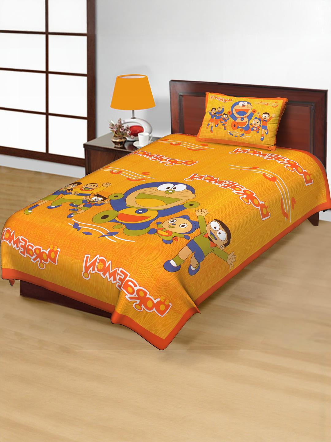 Salgia Yellow Cartoon Characters 144 TC Single Bedsheet with 1 Pillow Covers