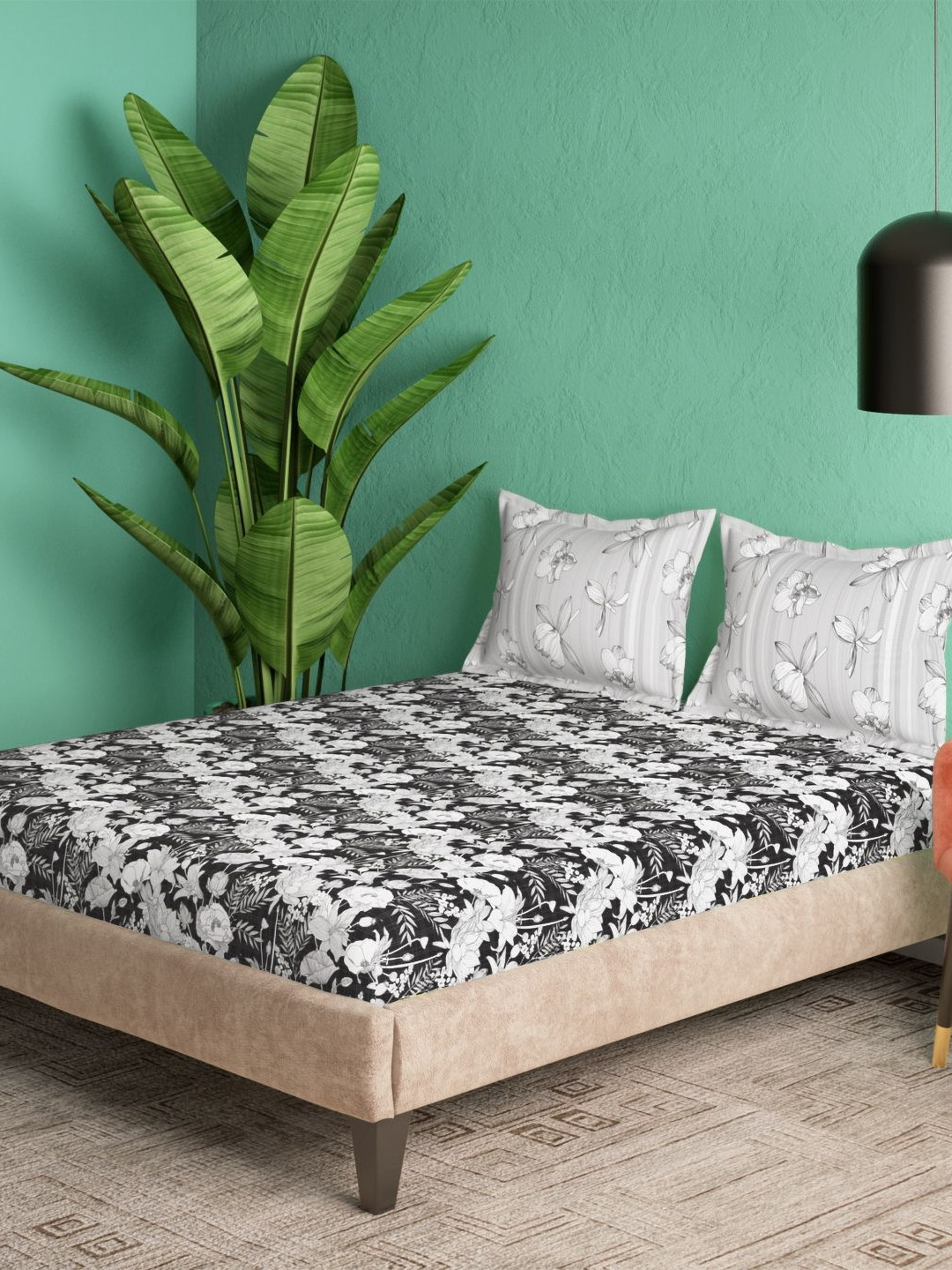 Portico Noir Harmony Black & White Floral Printed 144 TC Bedsheet Set 2.74m x 2.74m