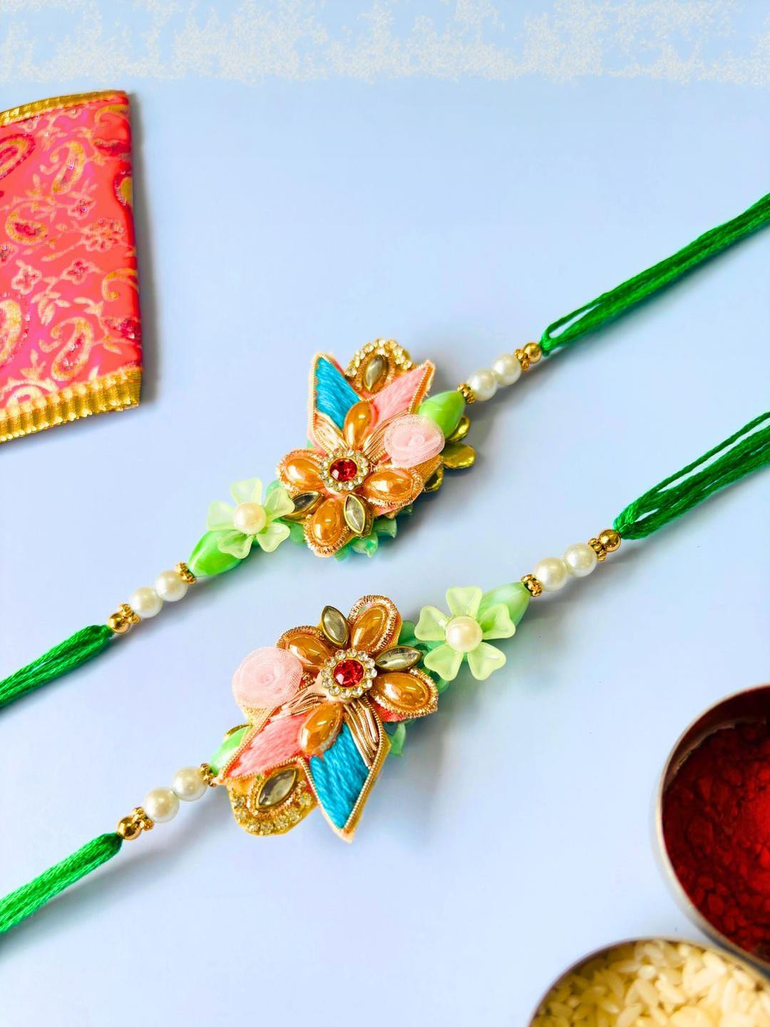 Anouk Multi Colored Pack of 2 Floral Traditional Handmade Rakhi Set