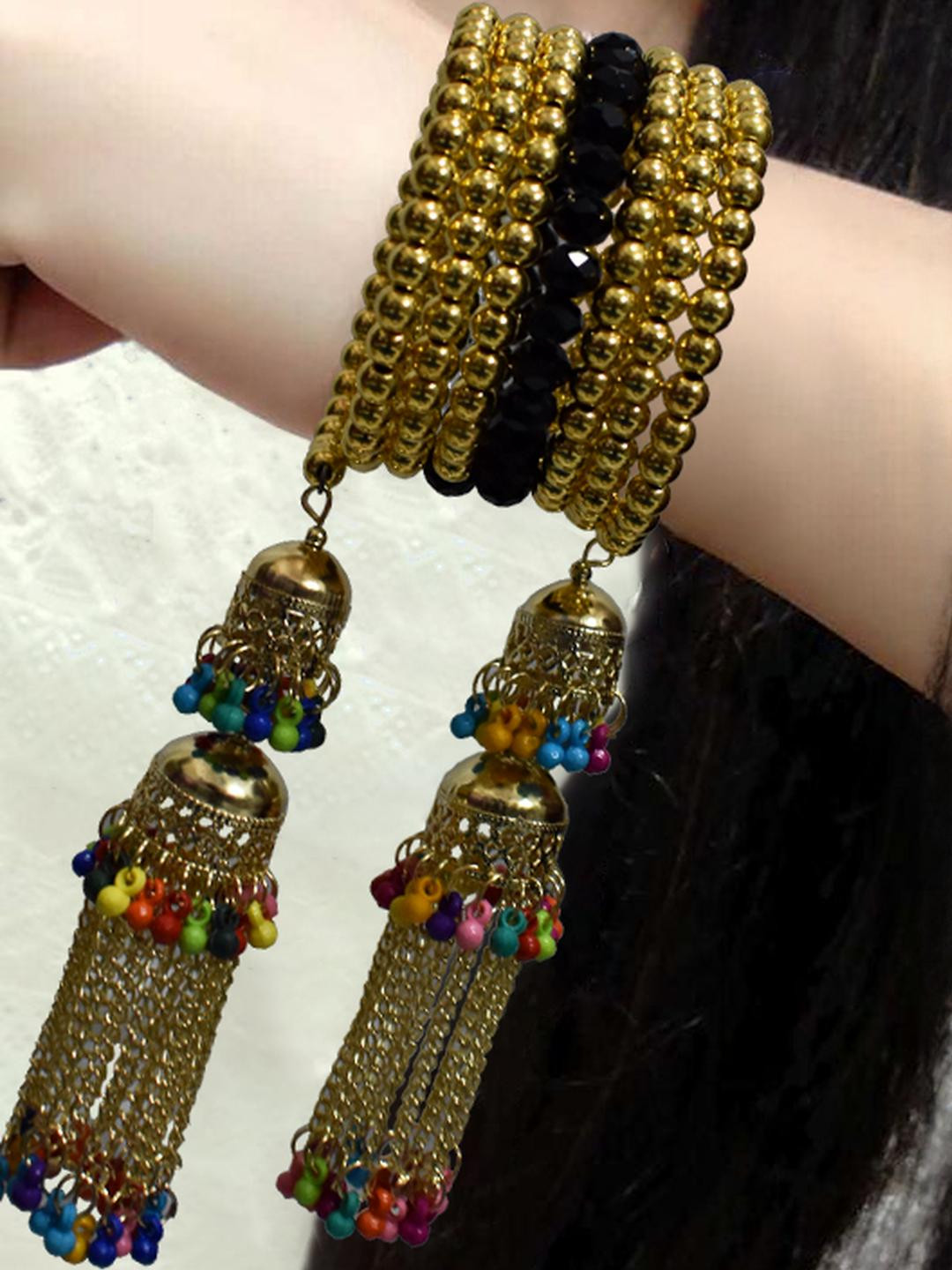 Grace Collections Women Gold-Toned & Black Beaded Kada Bracelet with Ghungroo Charms