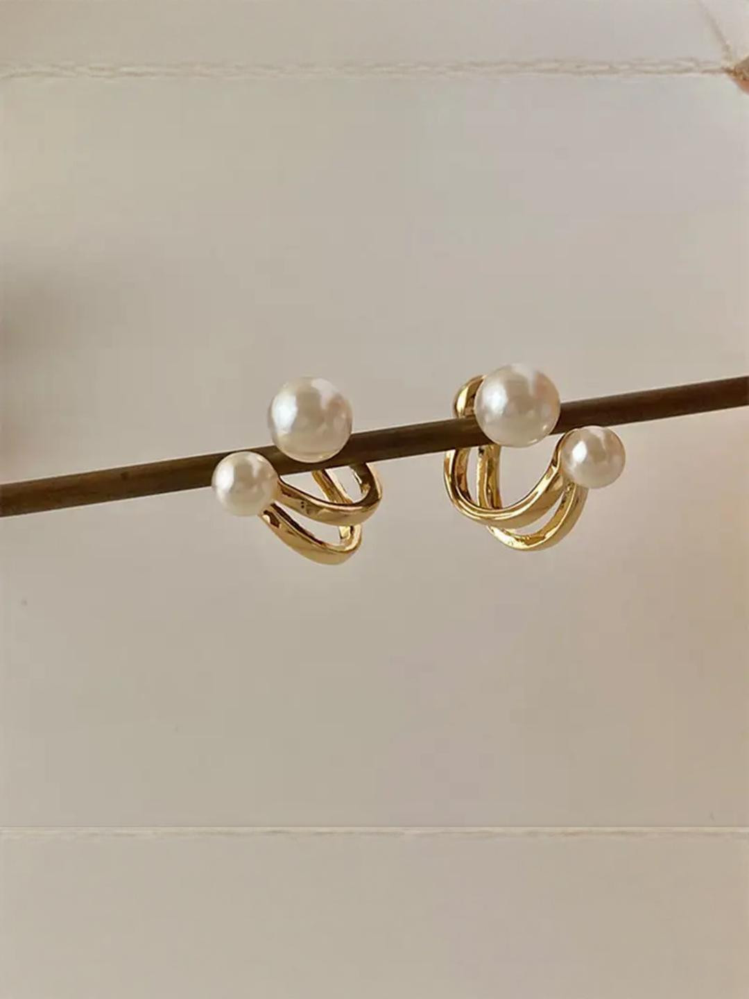 LVISHI Trendy Gold Pearls Earrings  Korean Huggie Style for Women & Girls