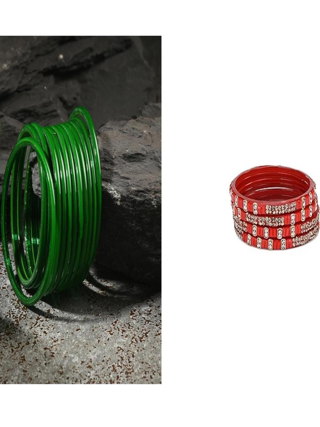 SOMIL Set Of 16 Green And Red Glass Artificial Stones and Beads Bangles