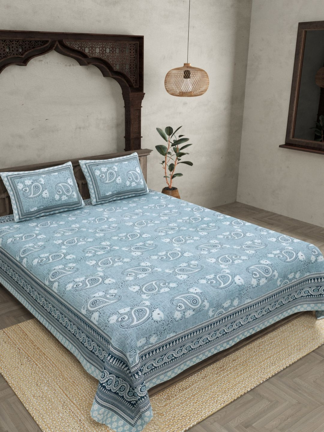 BED-SHEET.COM Blue & White Printed Cotton 180 TC King Bedsheet Set 2.74 m x 2.28 m