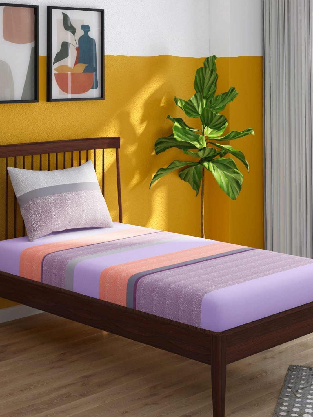 Portico Purple & Peach-Coloured 144 TC Single Bedsheet with 1 Pillow Covers