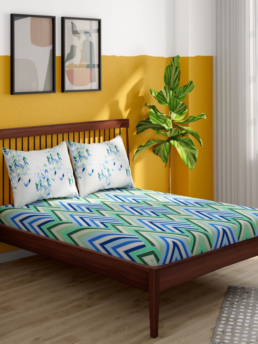 Portico Pixelpop White & Green Printed Cotton 152 TC King Bedsheet Set 2.74 m x 2.24 m