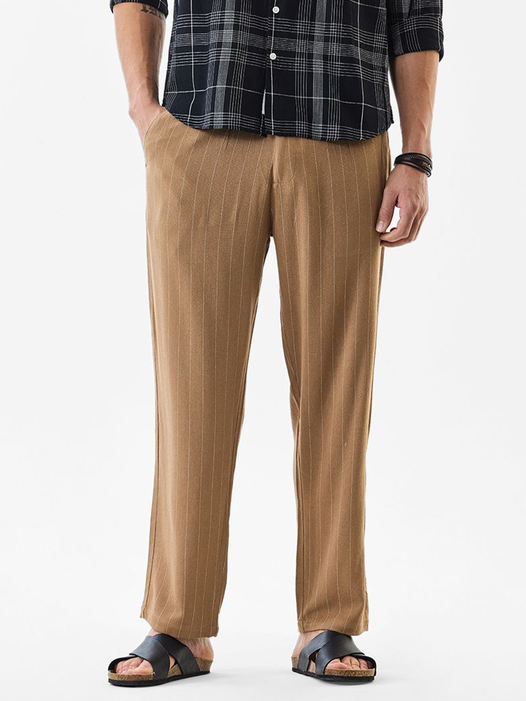 Snitch Men Striped Tan Mid-Rise Regular Fit Trouser