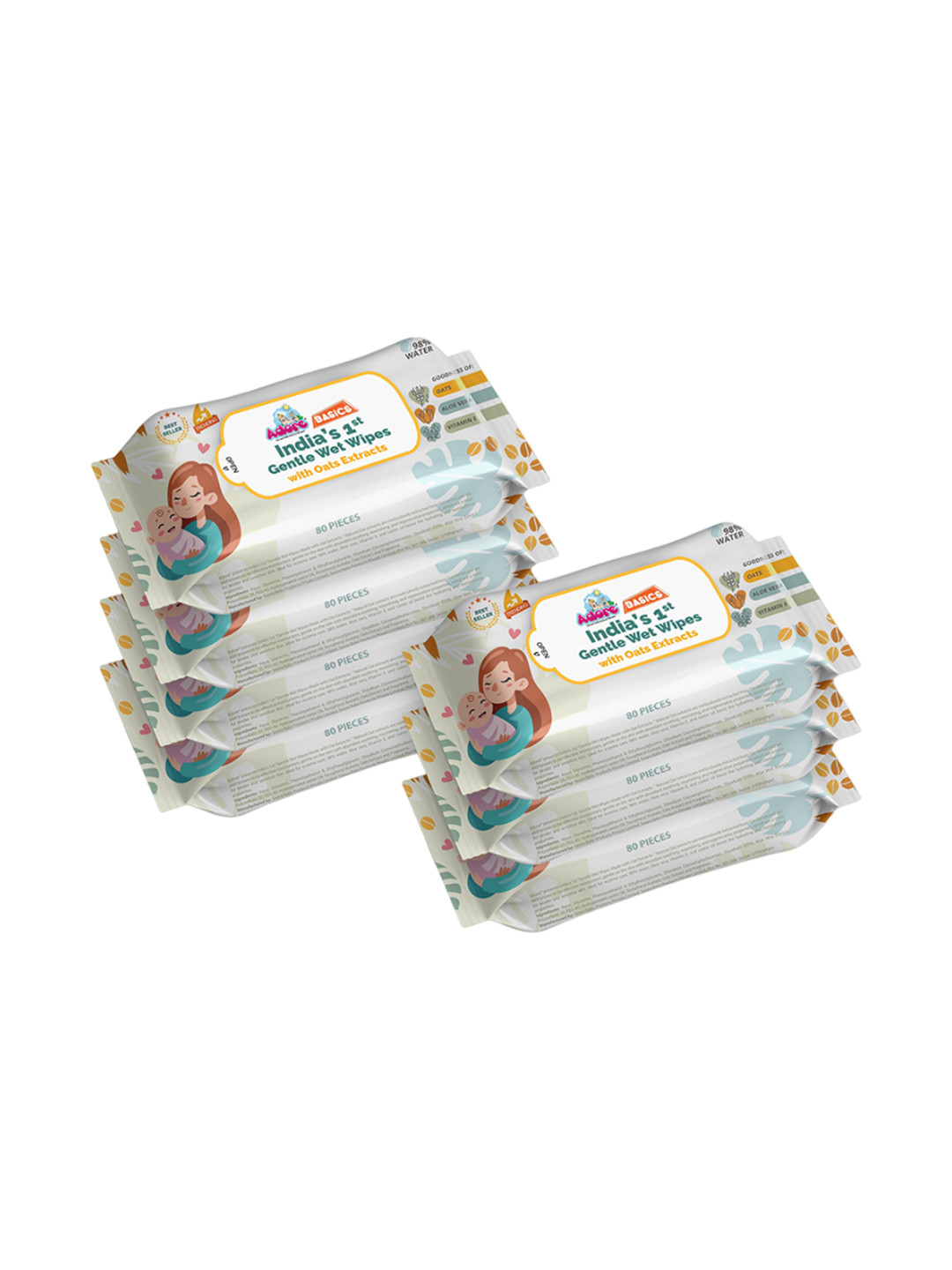 Adore Set Of 7 98% Pure Water Gentle Wipes With Oat Extracts - 80 Pcs Each